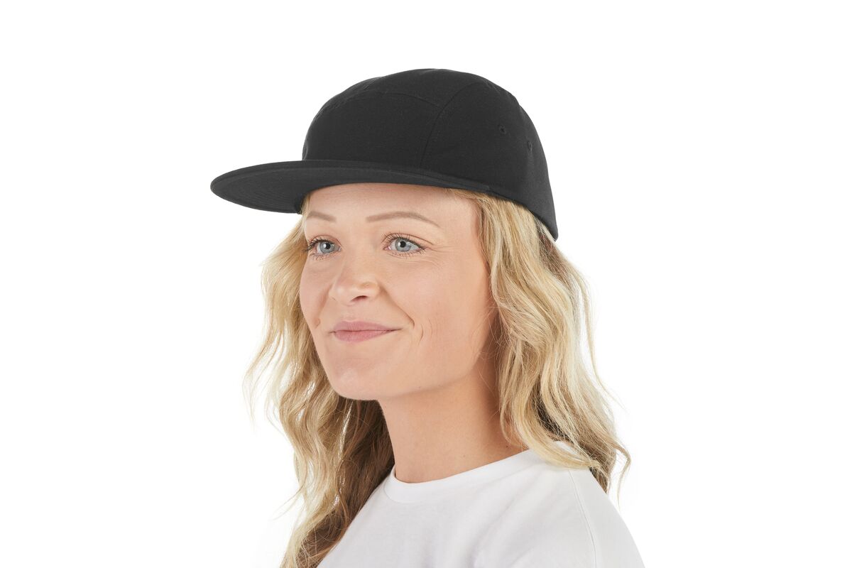 recycled-poly-flat-brim-5-panel-hat-y7 WebPDP-HAT003002_Recycled_Poly_Flat_Brim_5Panel_Hat_Black_Studio_Harper_Studios_0723_Front_2__HAT003002OS.jpg